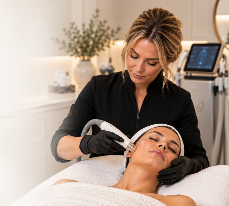 Licensed aesthetic provider performing a fractional RF skin resurfacing treatment on a client's face at Waves Aesthetics in Ponte Vedra Beach, FL, to improve skin texture and firmness.
