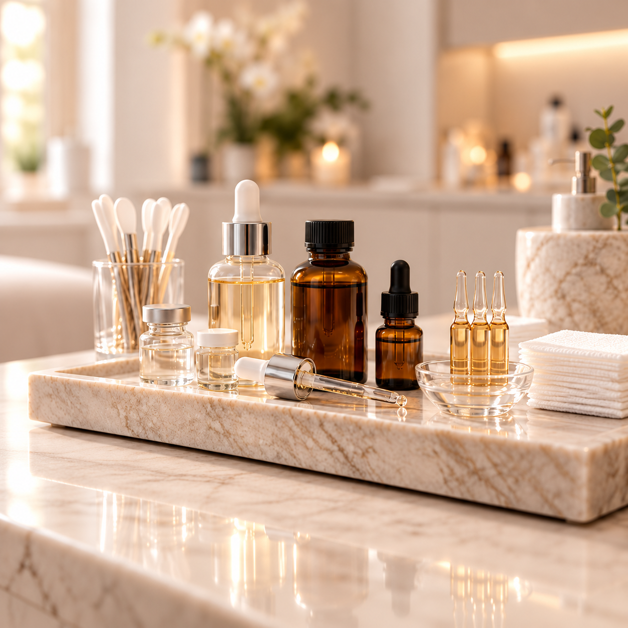 Professional chemical peel serums, glass vials, and skincare solutions arranged on a marble tray, representing customized PCA SKIN chemical peel treatments at Waves Aesthetics in Ponte Vedra Beach, FL.