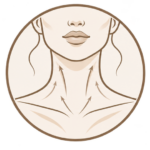 Minimalist illustration of a woman's neck with upward arrows representing fractional RF treatments for neck skin tightening and improved elasticity.