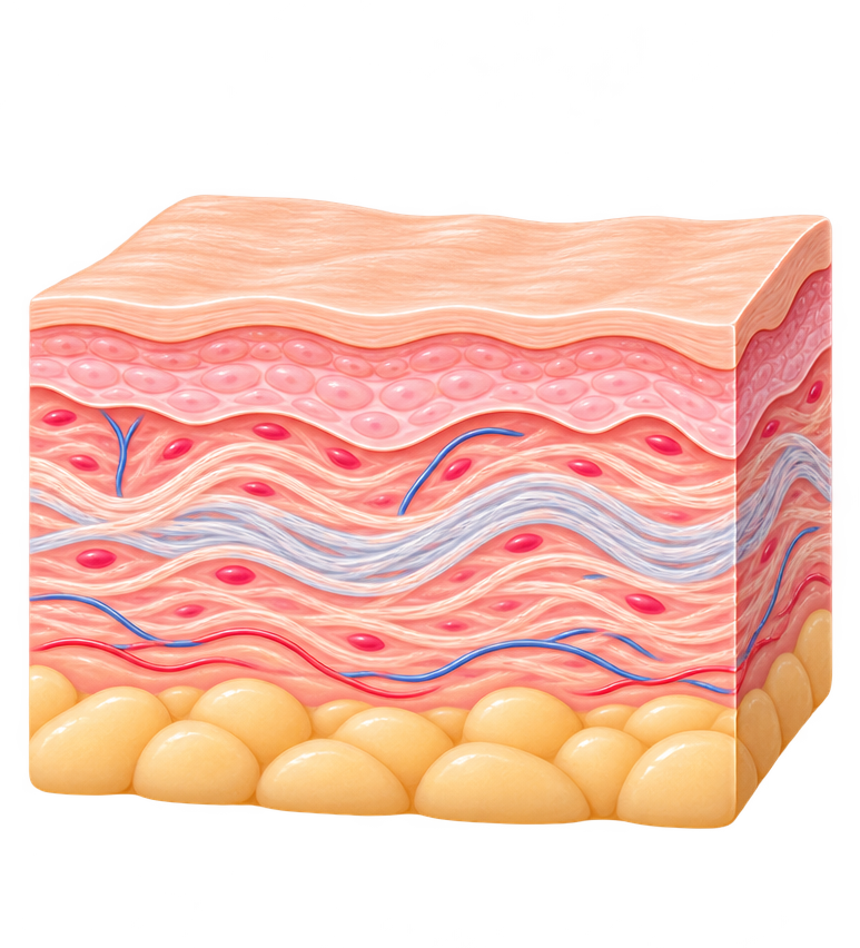 Illustration of skin layers showing natural collagen remodeling and elastin production following fractional RF treatment for smoother, firmer-looking skin.