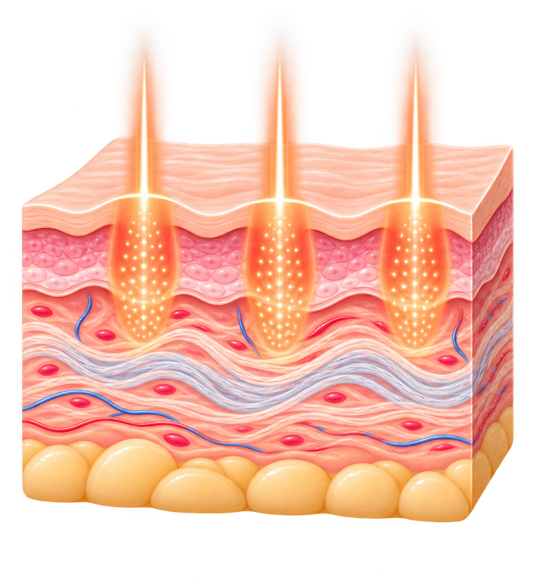 Fractional RF skin cross-section illustration showing controlled radiofrequency heat energy penetrating skin layers to stimulate collagen production.
