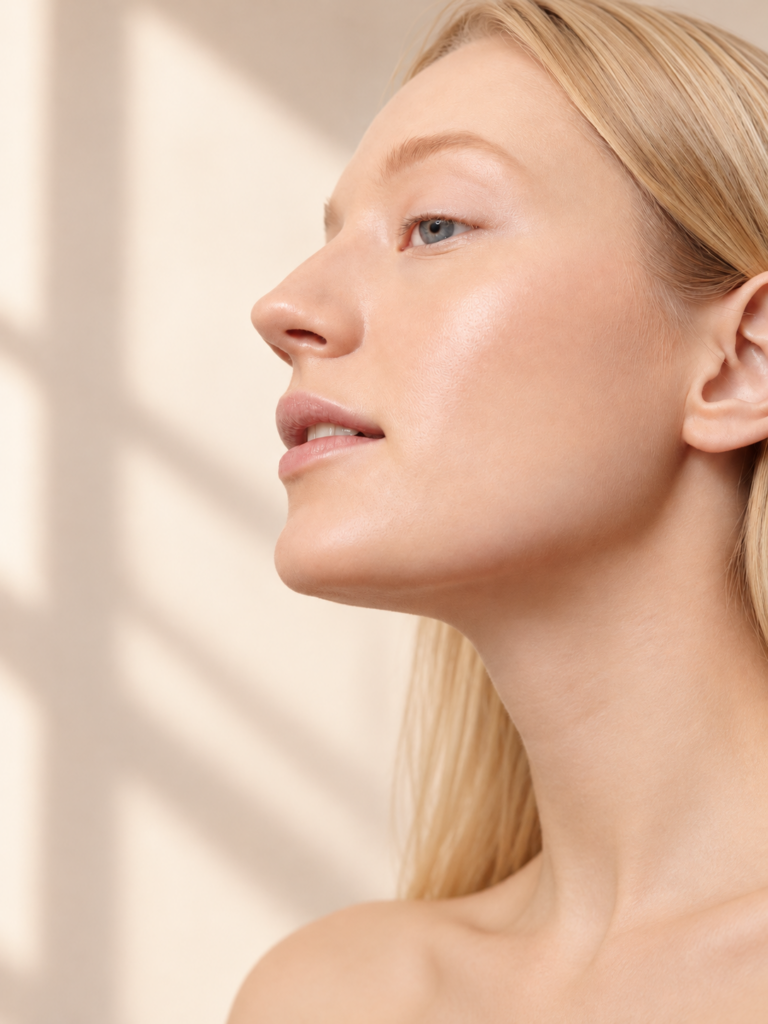 Close-up portrait of a mature woman with smooth, radiant skin, representing 1540nm fractional laser skin resurfacing for fine lines, acne scars, and uneven skin texture at Waves Aesthetics in Ponte Vedra Beach.